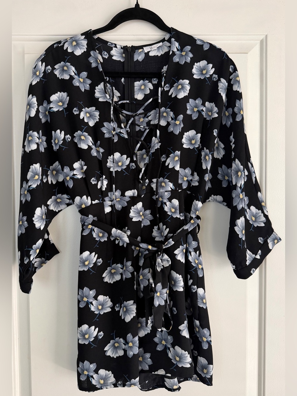 Lucca Black Floral Lace-Up Waist Tie Romper